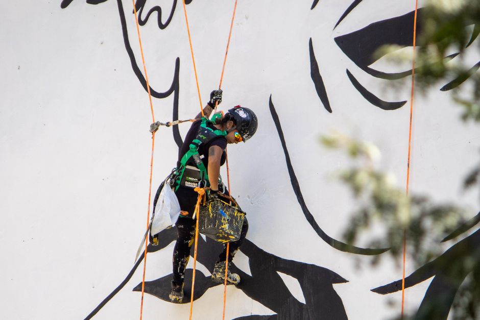 A professional street artist wearing a black helmet, green safety harness, and black clothing, is suspended in mid-air using orange ropes while creating a large mural on a white wall. The artist is ho